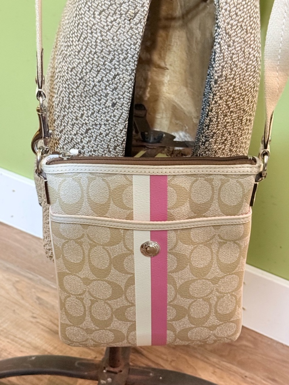 Coach Beige Signature Crossbody with Pink & Cream Stripe